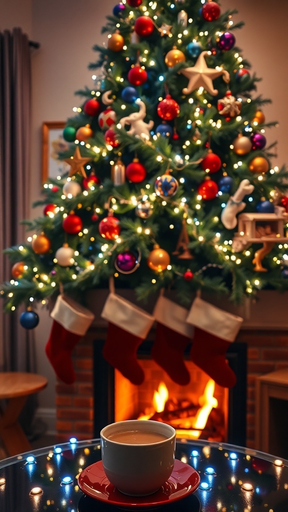 A cozy Christmas scene with a decorated tree, fireplace, and cocoa, perfect for Instagram.